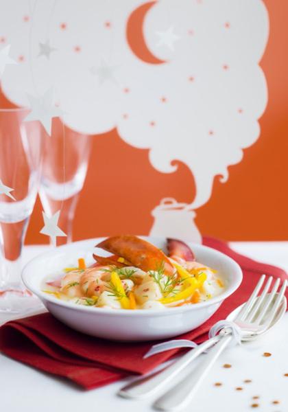 Navarin de Saint-Jacques, crevettes et homard
