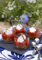 Caviar d&#039;aubergine et velouté de poivron au chèvre frais
